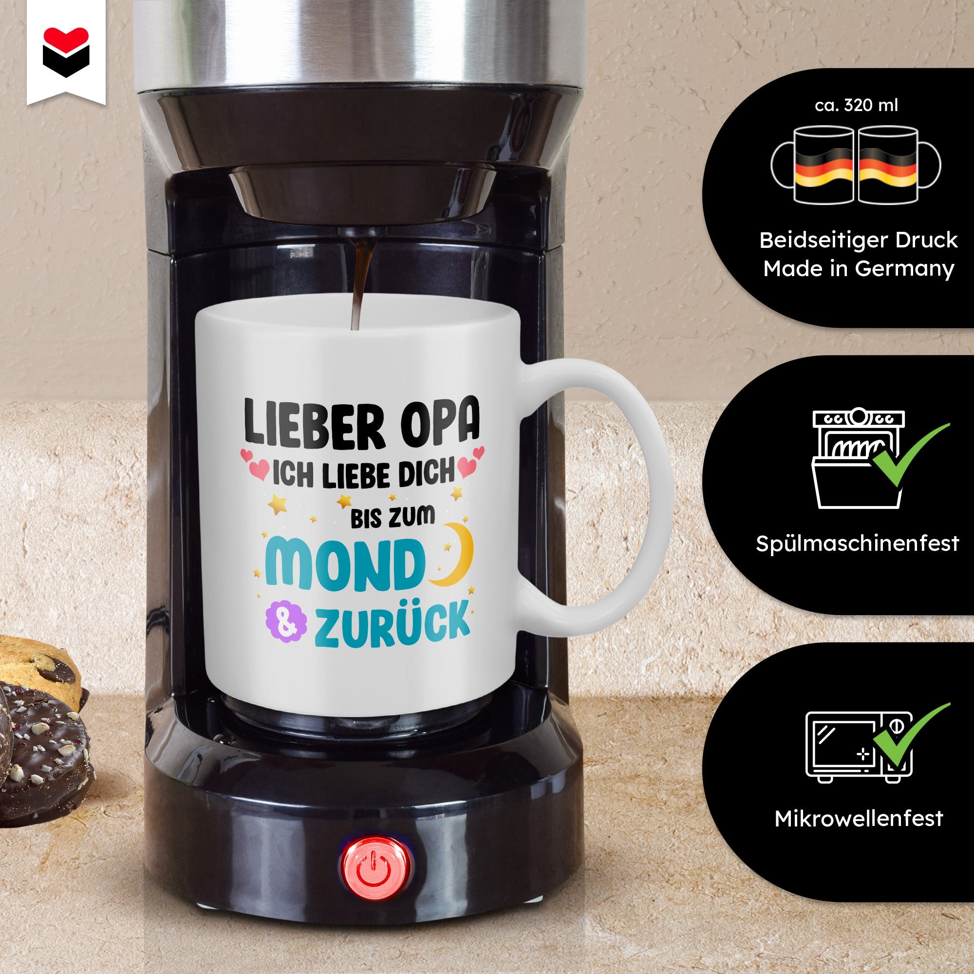 22Feels® Geschenk für Opas - Tasse mit Spruch: Ich Liebe Dich Bis Zum Mond (Weiss, 320ml)-Weisse Tasse 320ml-22Feels