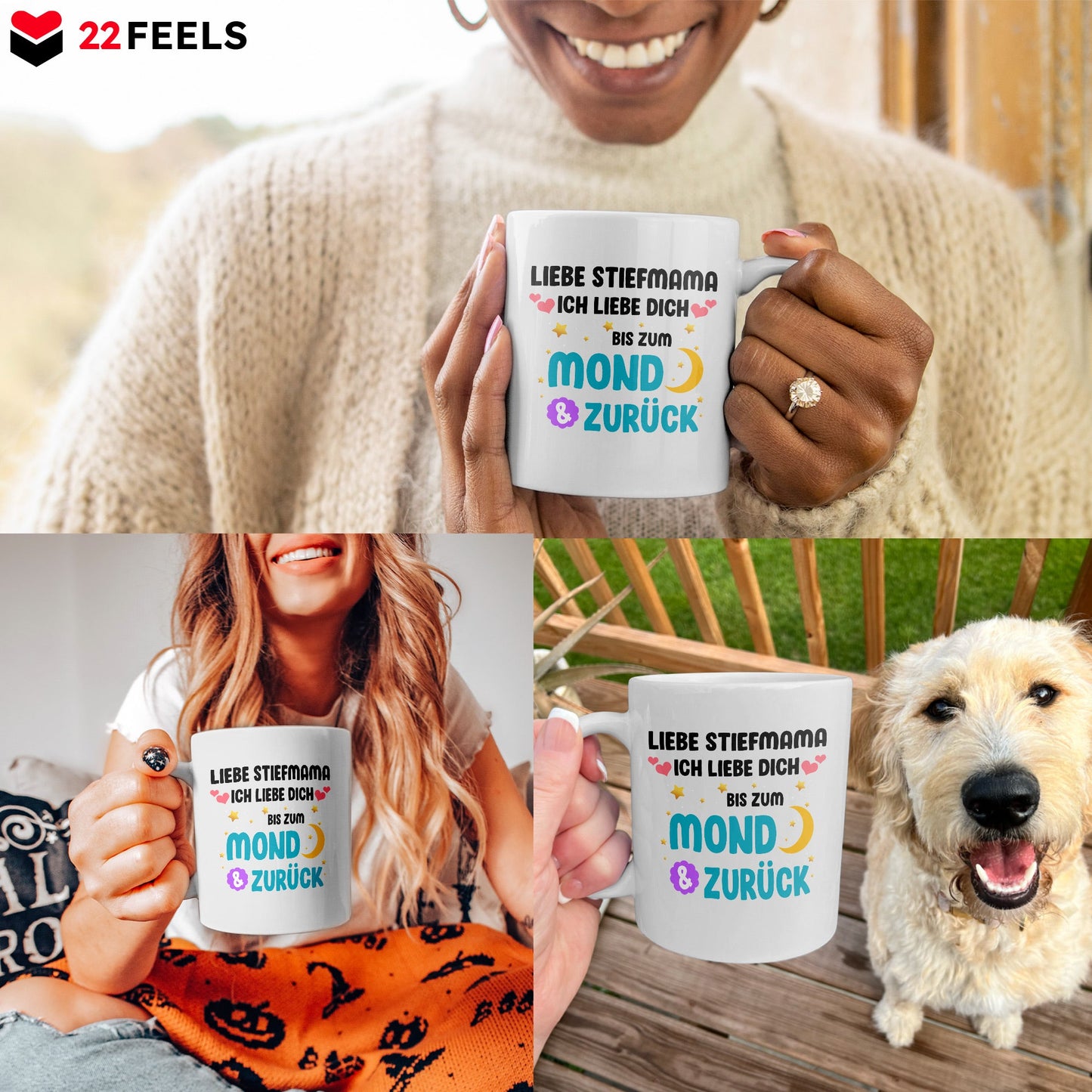 22Feels® Geschenk für Stiefmamas - Tasse mit Spruch: Ich Liebe Dich Bis Zum Mond (Weiss, 320ml)-Weisse Tasse 320ml-22Feels