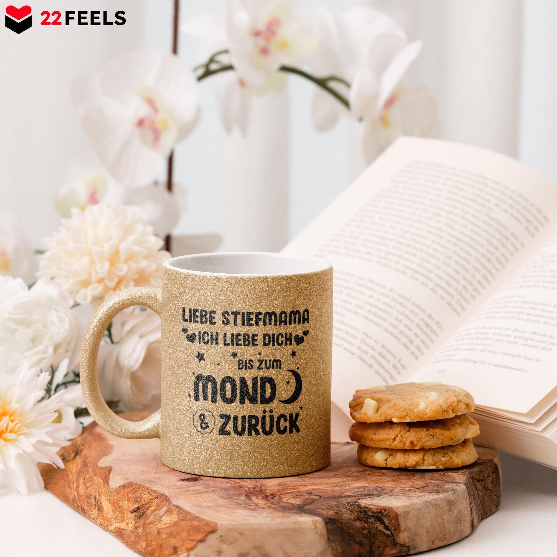 22Feels® Stiefmama Geschenk - Glitzertasse mit Spruch (Gold, 320ml)-Glitzertasse Gold 320ml-22Feels