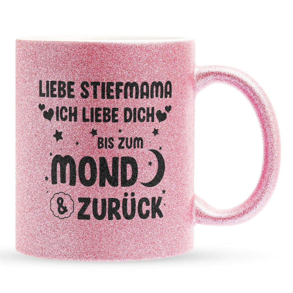 22Feels® Stiefmama Geschenk - Glitzertasse mit Spruch (Pink, 320ml)-Glitzertasse Pink 320ml-22Feels