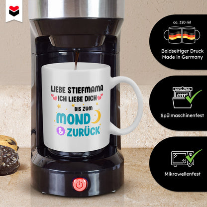22Feels® Geschenk für Stiefmamas - Tasse mit Spruch: Ich Liebe Dich Bis Zum Mond (Weiss, 320ml)-Weisse Tasse 320ml-22Feels