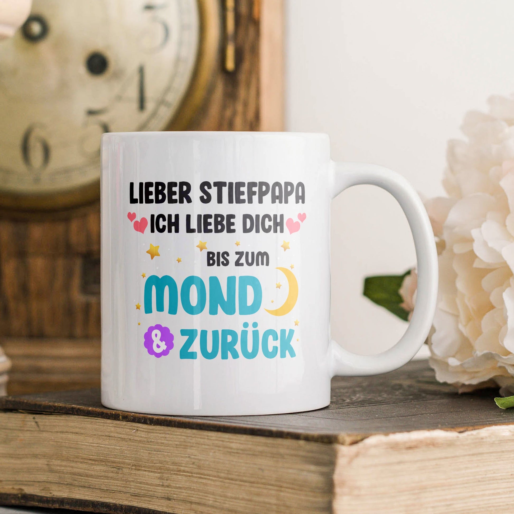 22Feels® Geschenk für Stiefpapas - Tasse mit Spruch: Ich Liebe Dich Bis Zum Mond (Weiss, 320ml)-Weisse Tasse 320ml-22Feels