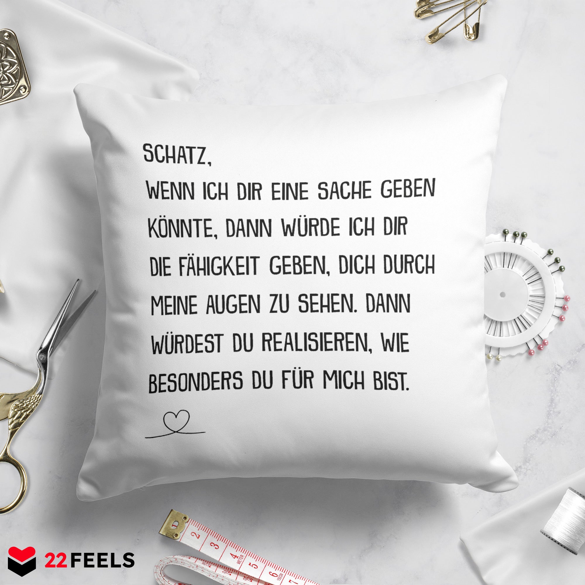 22Feels® Schatz Geschenk zum Jahrestag, Hochzeitstag, Valentinstag etc. - Kissen mit Spruch (Weiss 40x40cm)-Kissen Weiss 40x40-22Feels