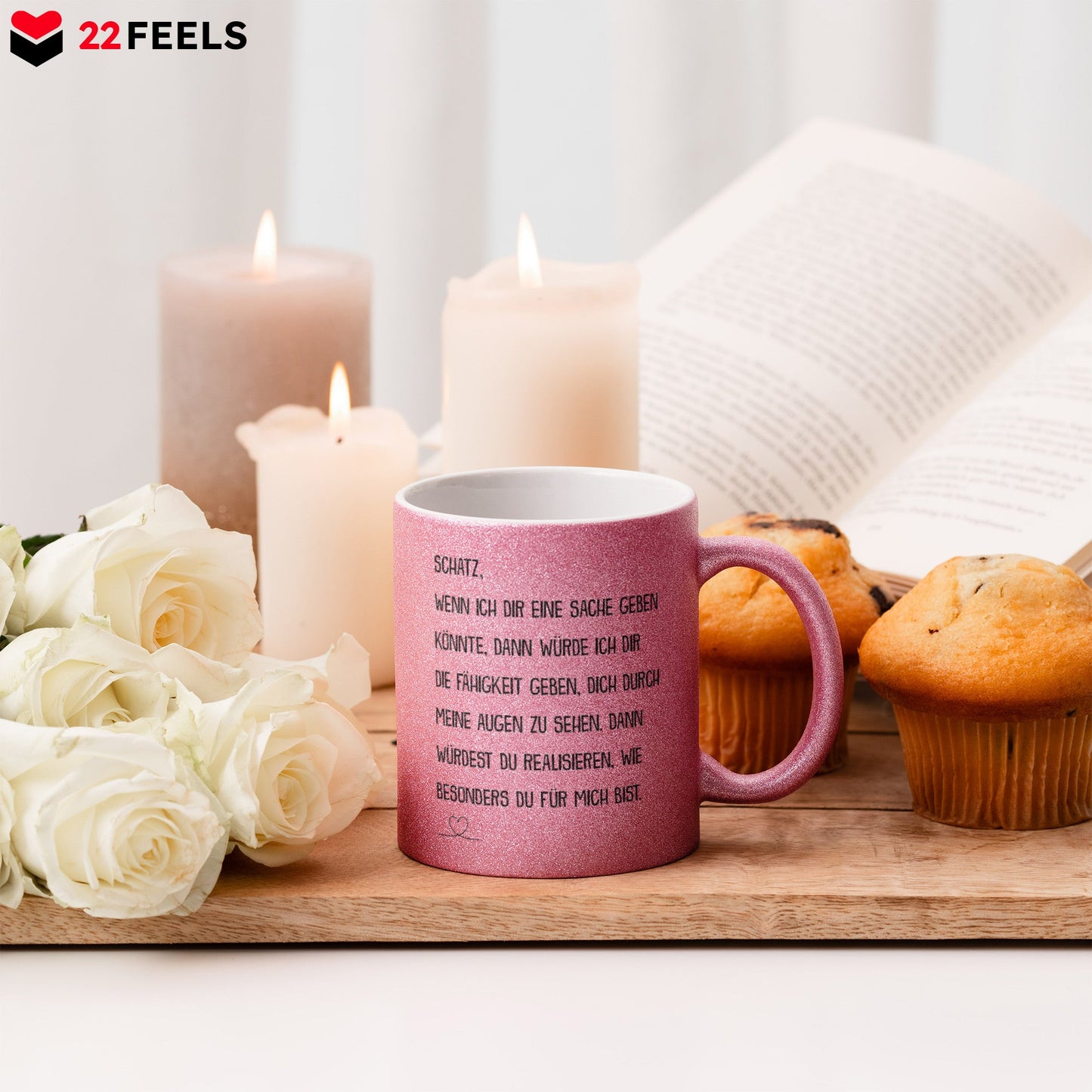 22Feels® Schatz Geschenk zum Jahrestag, Hochzeitstag, Valentinstag etc. - Glitzertasse mit Spruch (Pink, 320ml)-Glitzertasse Pink 320ml-22Feels