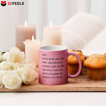 22Feels® Schatz Geschenk zum Jahrestag, Hochzeitstag, Valentinstag etc. - Glitzertasse mit Spruch (Pink, 320ml)-Glitzertasse Pink 320ml-22Feels