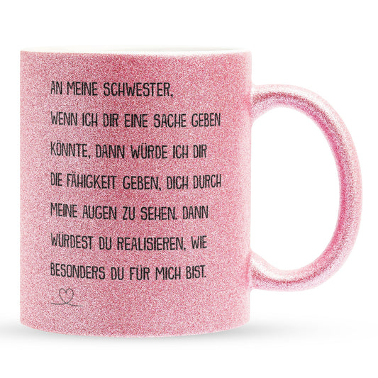 22Feels® Schwester Geschenk - Glitzertasse mit Spruch (Pink, 320ml)-Glitzertasse Pink 320ml-22Feels