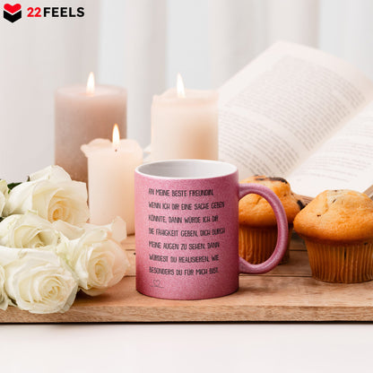 22Feels® Beste Freundin Geschenk - Glitzertasse mit Spruch: Wenn ich dir eine Sache geben könnte (Pink, 320ml)-Glitzertasse Pink 320ml-22Feels