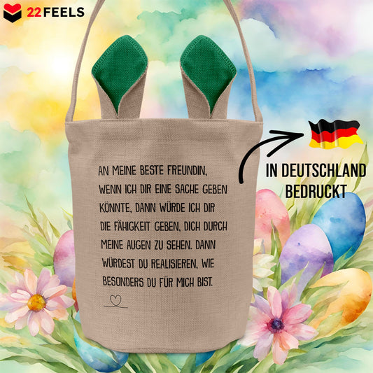 22Feels® Beste Freundin BFF Osterkorb mit Henkel Ostergeschenk Tragetasche Ostern Deko Osternest Körbchen Hasenohren (Beige/Grün)-Ostern Tragetasche-22Feels