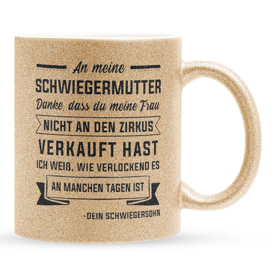 22Feels® Schwiegermutter Geschenk von Schwiegersohn bzw. Bräutigam - Glitzertasse mit Spruch (Gold, 320ml)-Glitzertasse Gold 320ml-22Feels