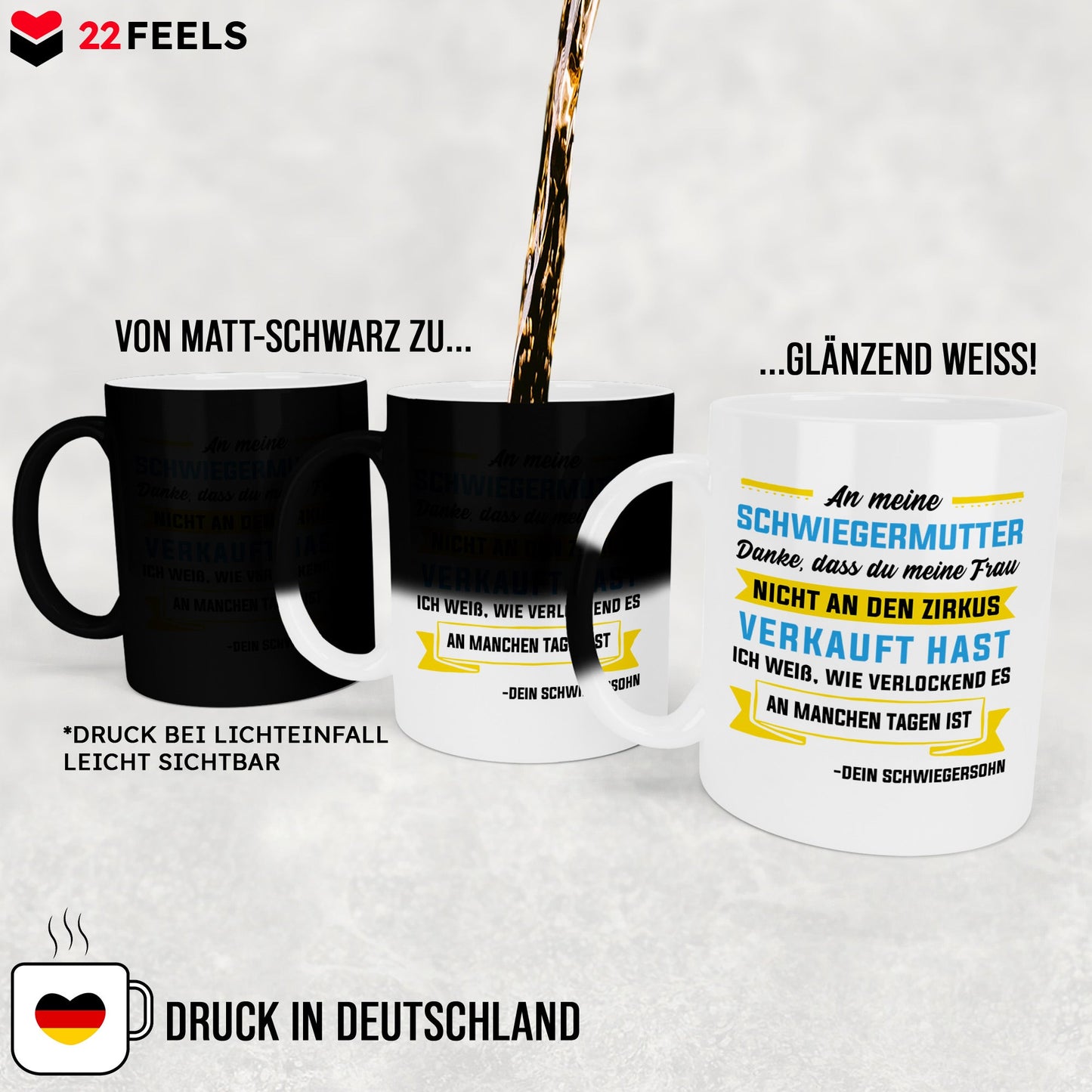 22Feels® Schwiegermutter Geschenk von Schwiegersohn bzw. Bräutigam - Zaubertasse mit Spruch (Matt-Schwarz und Weiss, 320ml)-Farbwechsel Tasse Matt 320ml-22Feels