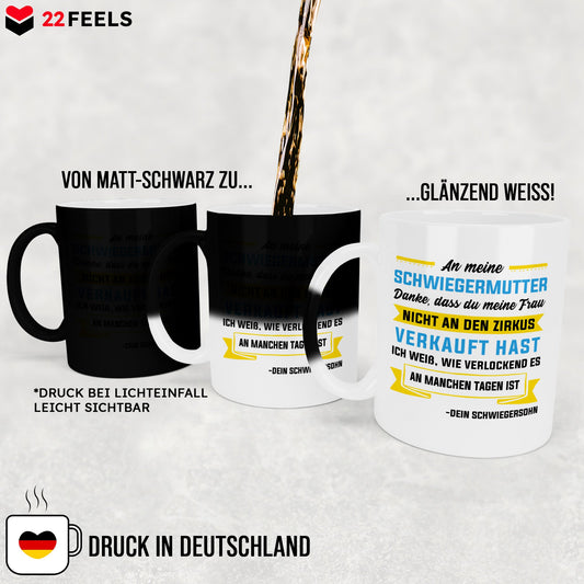 22Feels® Schwiegermutter Geschenk von Schwiegersohn bzw. Bräutigam - Zaubertasse mit Spruch (Matt-Schwarz und Weiss, 320ml)-Farbwechsel Tasse Matt 320ml-22Feels