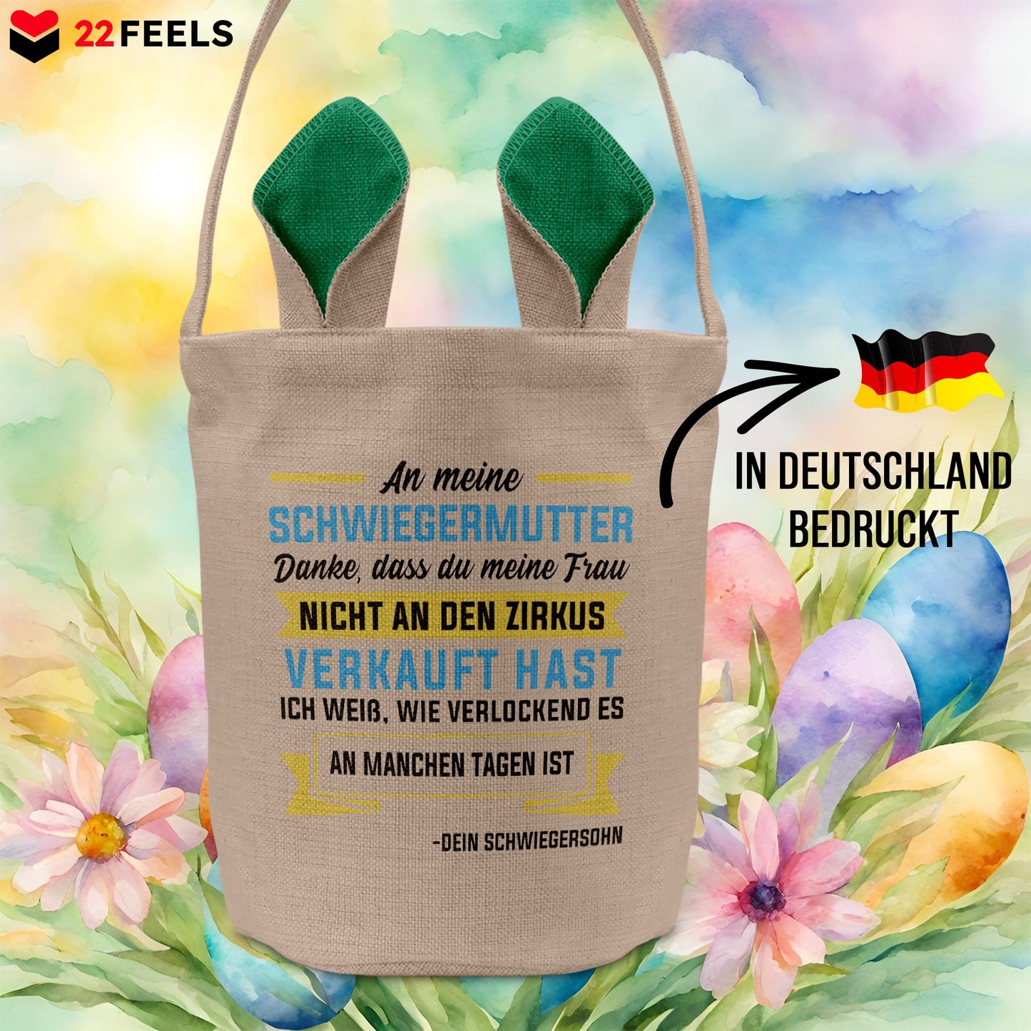22Feels® Schwiegermama Osterkorb von Schwiegersohn mit Henkel Ostergeschenk Tragetasche Ostern Deko Osternest Körbchen Hasenohren (Beige/Grün)-Ostern Tragetasche-22Feels