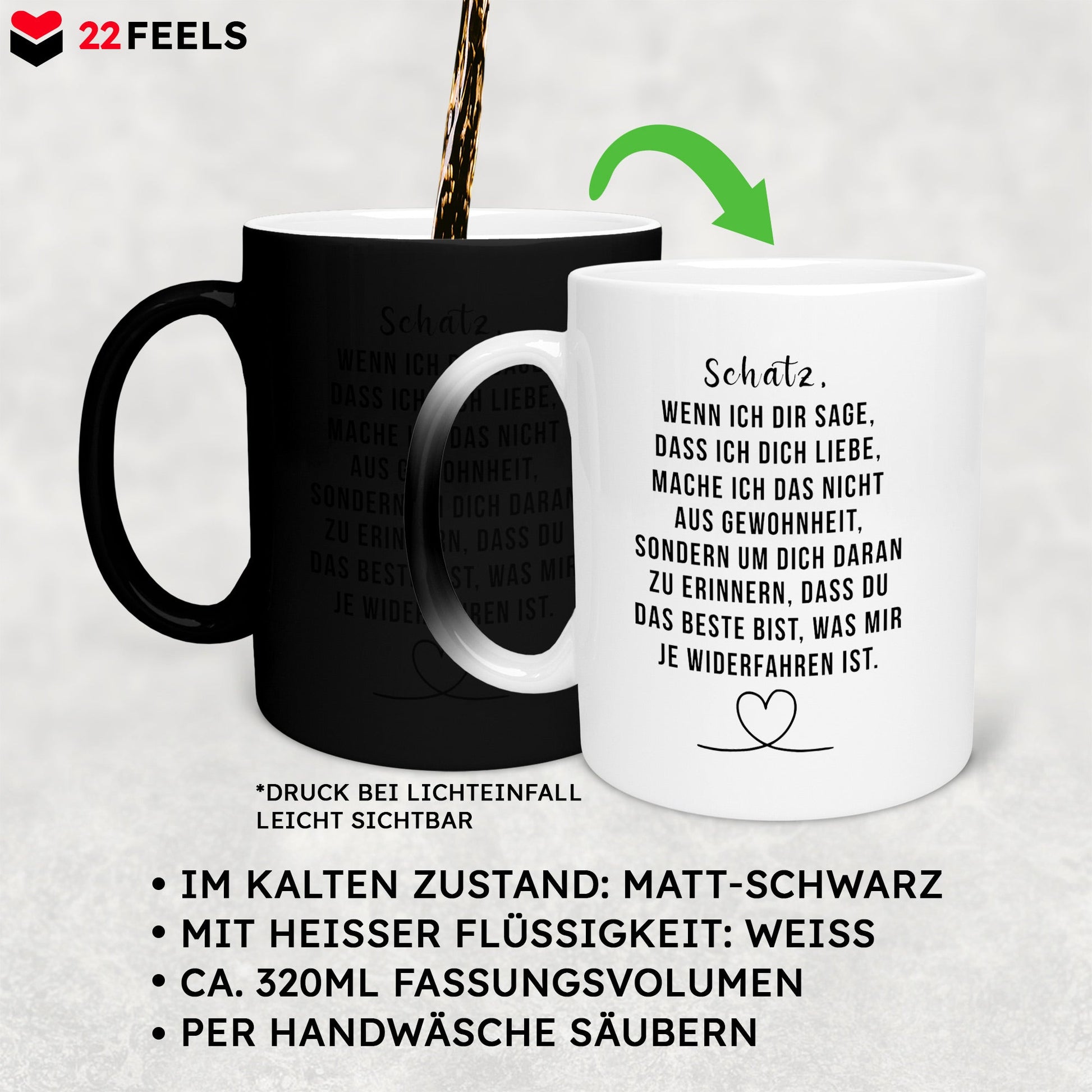 22Feels® Schatz Geschenk zum Jahrestag, Hochzeitstag, Valentinstag etc. - Zaubertasse mit Spruch (Matt-Schwarz und Weiss, 320ml)-Farbwechsel Tasse Matt 320ml-22Feels