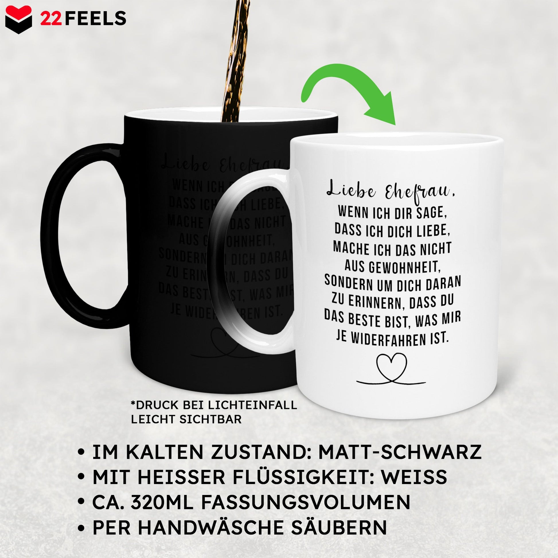 22Feels® Ehefrau Geschenk zum Hochzeitstag, Valentinstag etc. - Zaubertasse mit Spruch (Matt-Schwarz und Weiss, 320ml)-Farbwechsel Tasse Matt 320ml-22Feels