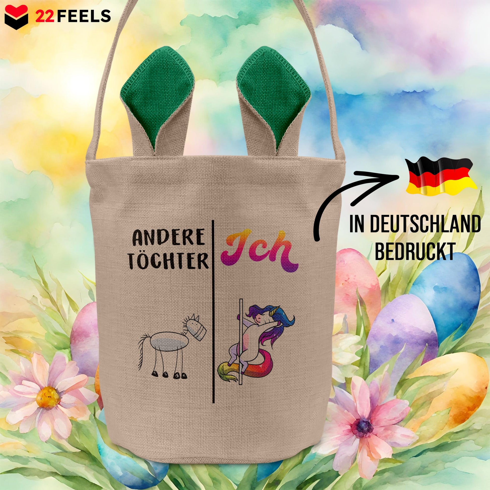 22Feels® Tochter Kinder Osterkorb mit Henkel Ostergeschenk Tragetasche Ostern Deko Osternest Körbchen Hasenohren (Beige/Grün)-Ostern Tragetasche-22Feels