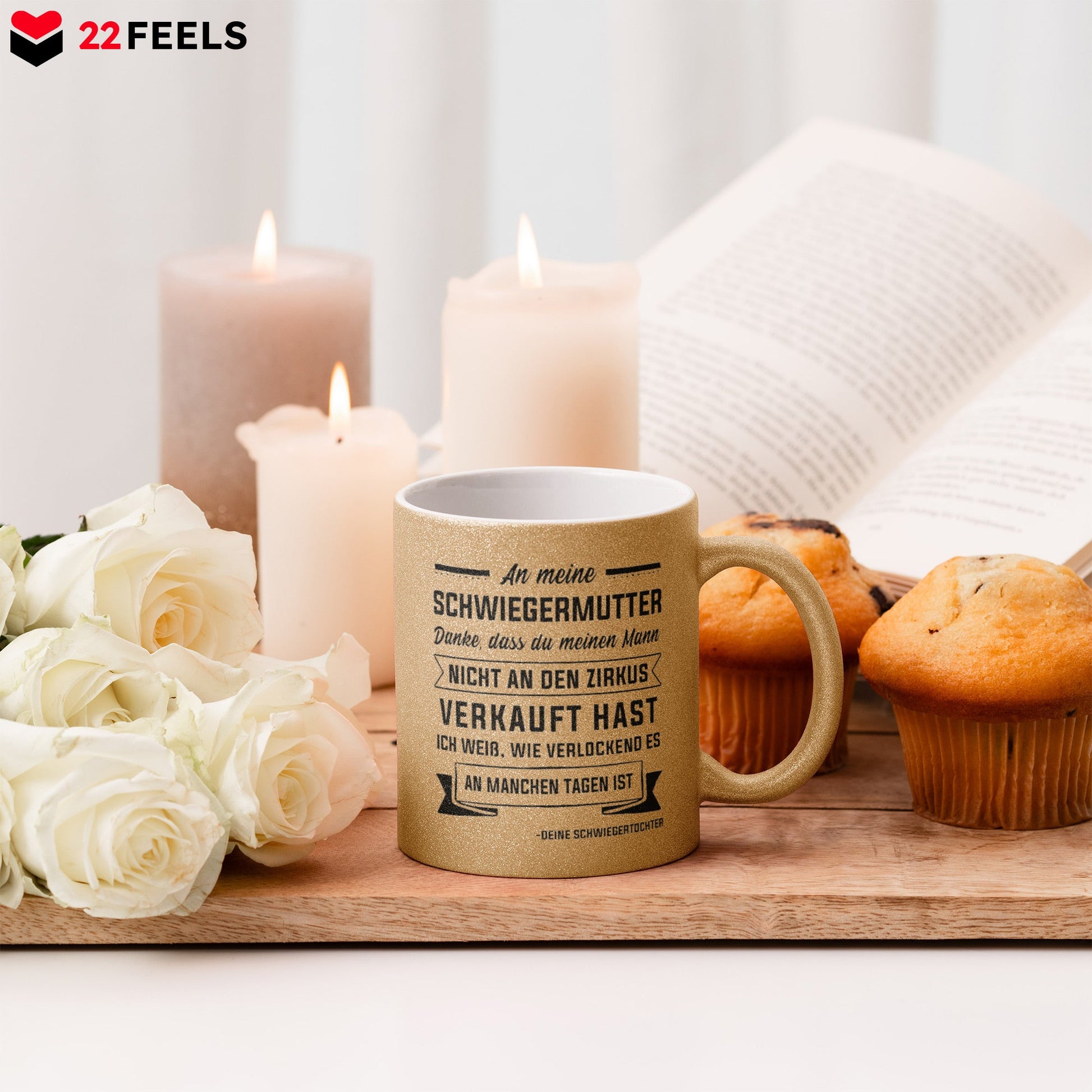 22Feels® Schwiegermutter Geschenk von Schwiegertochter bzw. Braut - Glitzertasse mit Spruch (Gold, 320ml)-Glitzertasse Gold 320ml-22Feels