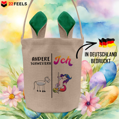 22Feels® Schwester Geschwister Osterkorb mit Henkel Ostergeschenk Tragetasche Ostern Deko Osternest Körbchen Hasenohren (Beige/Grün)-Ostern Tragetasche-22Feels