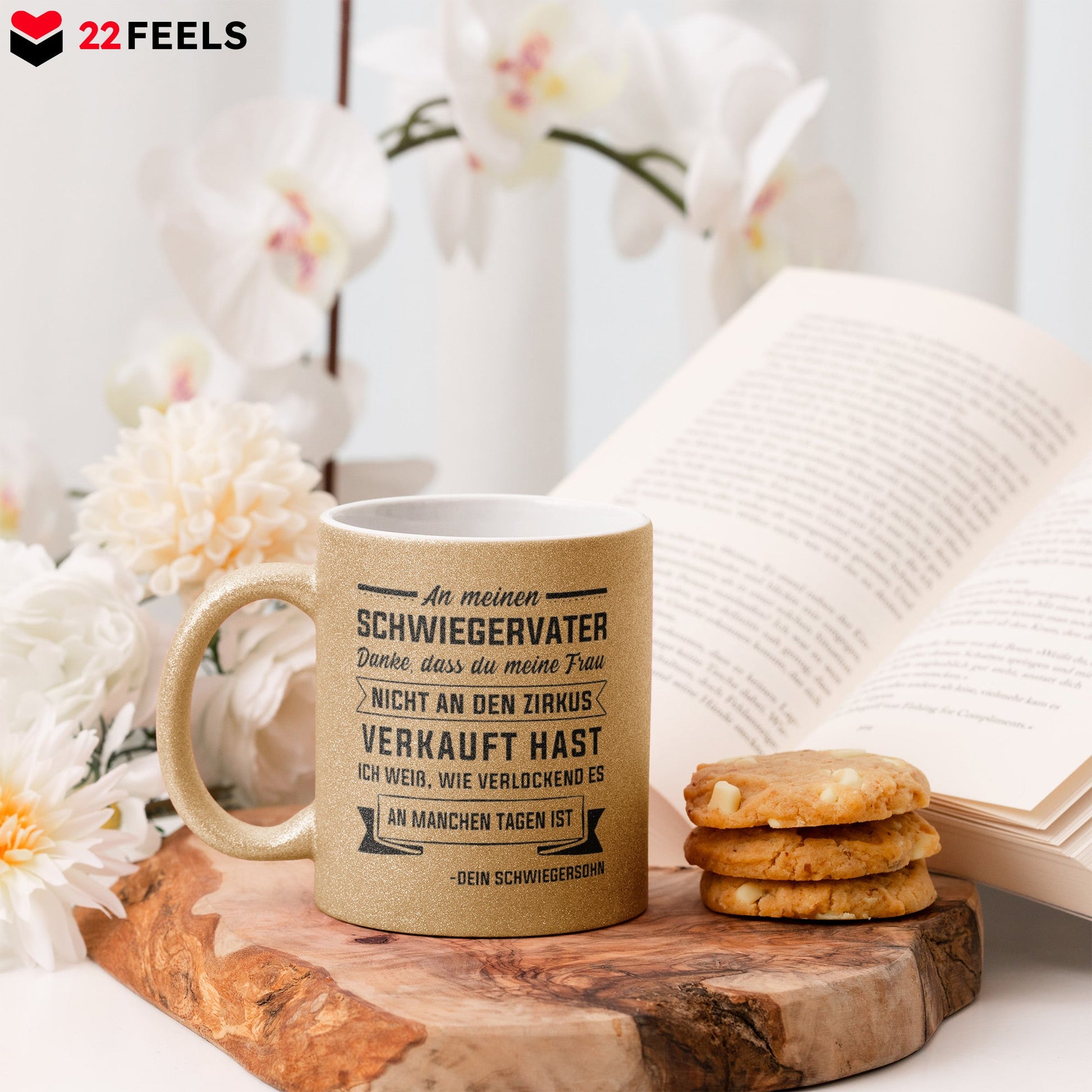 22Feels® Schwiegervater Geschenk von Schwiegersohn bzw. Bräutigam - Glitzertasse mit Spruch (Gold, 320ml)-Glitzertasse Gold 320ml-22Feels