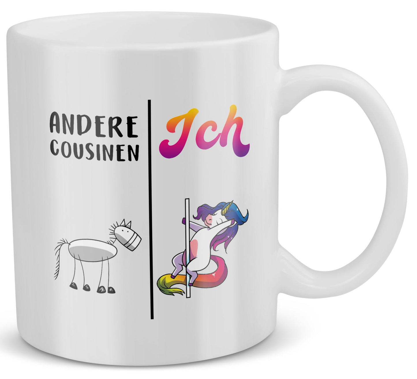 22Feels® Geschenk für Cousine - Tasse mit Spruch: Andere Cousinen Ich (Einhorn) (Weiss, 320ml)-Weisse Tasse 320ml-22Feels