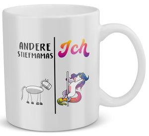 22Feels® Geschenk für Stiefmamas - Tasse mit Spruch: Andere Stiefmamas Ich (Einhorn) (Weiss, 320ml)-Weisse Tasse 320ml-22Feels