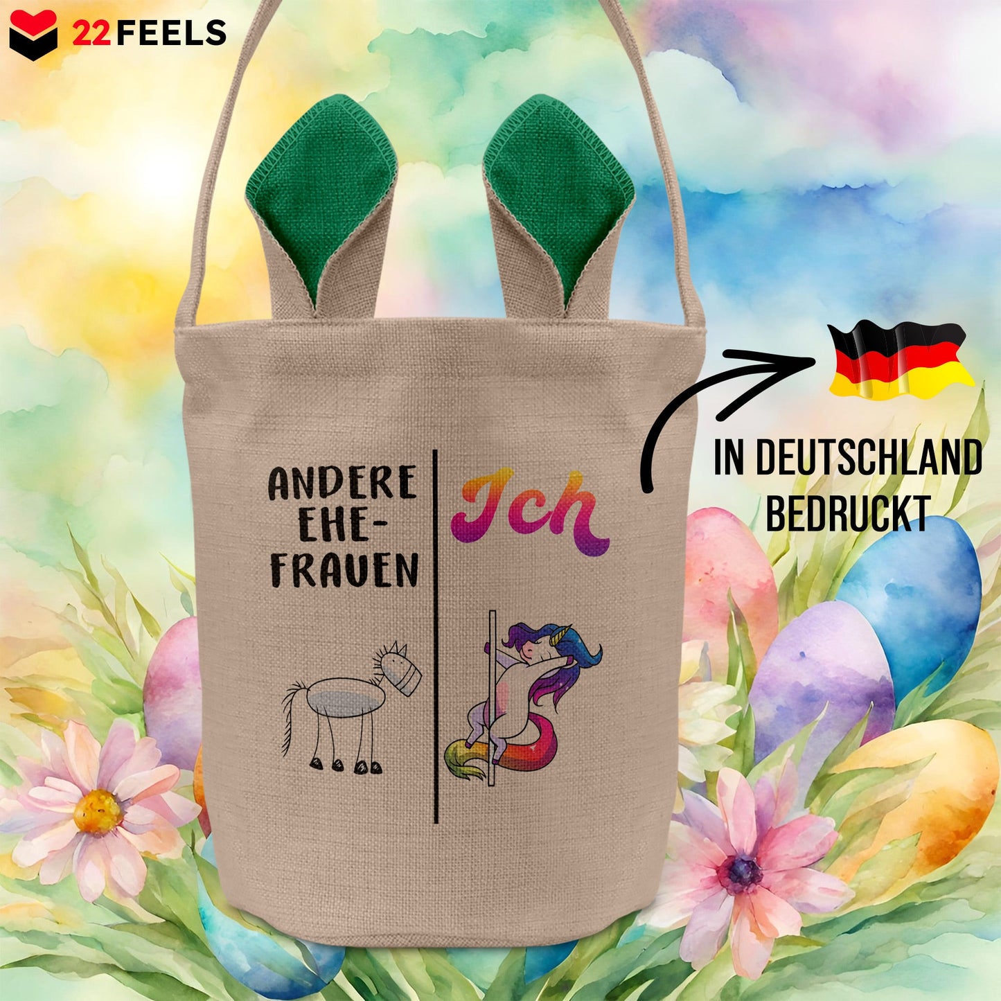 22Feels® Ehefrau Osterkorb mit Henkel Ostergeschenk Tragetasche Ostern Deko Osternest Körbchen Hasenohren (Beige/Grün)-Ostern Tragetasche-22Feels