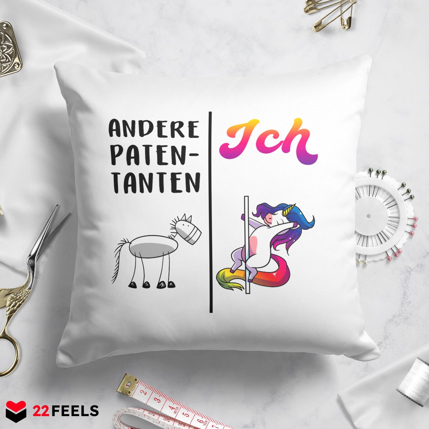 22Feels® Patentante Geschenk - Einhorn Kissen mit Spruch (Weiss 40x40cm)-Kissen Weiss 40x40-22Feels