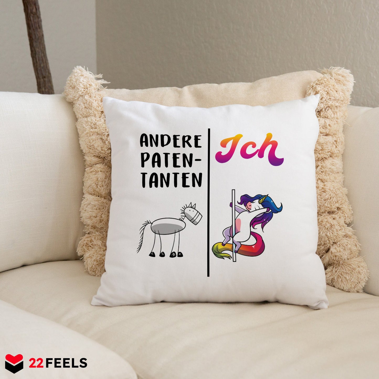 22Feels® Patentante Geschenk - Einhorn Kissen mit Spruch (Weiss 40x40cm)-Kissen Weiss 40x40-22Feels