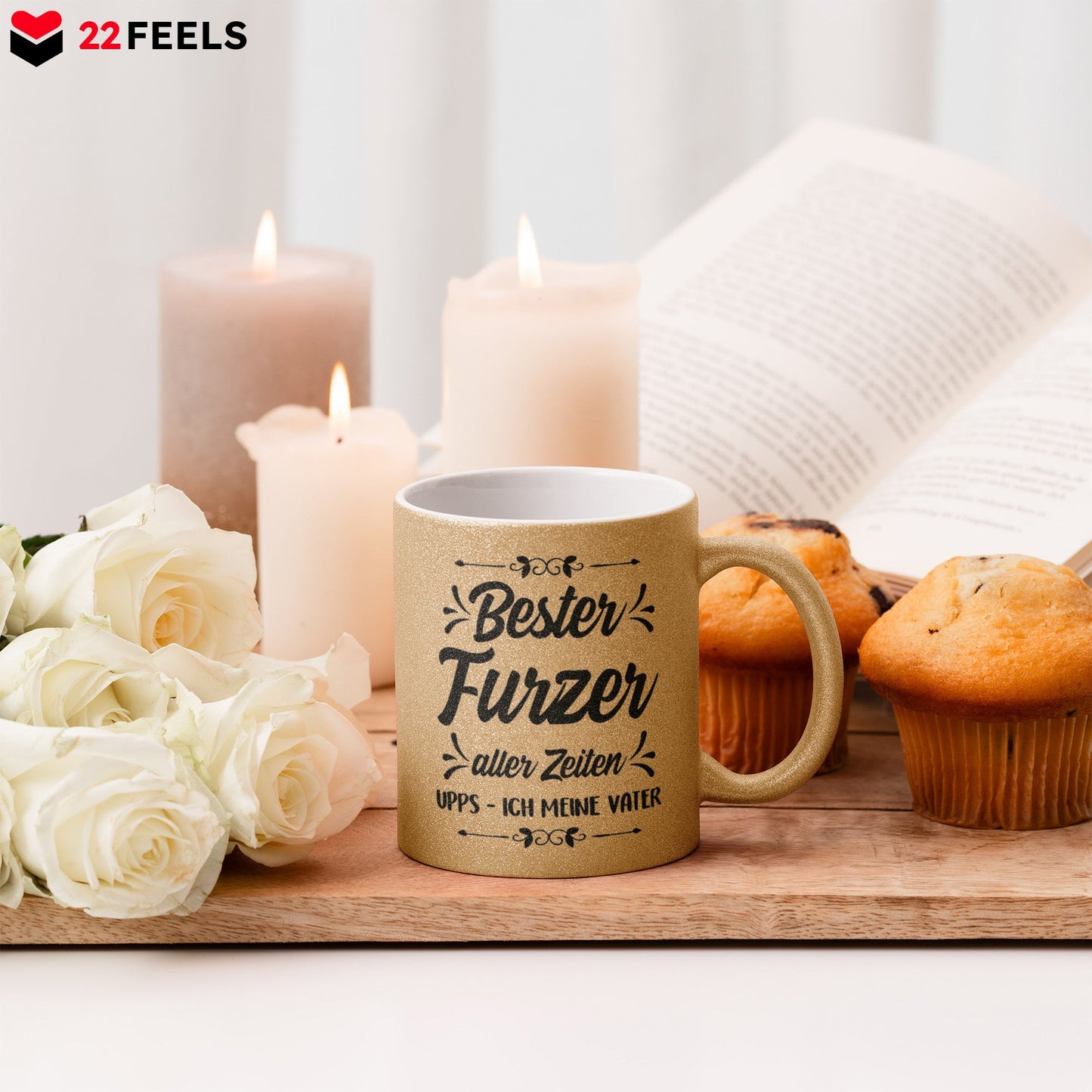 Papa Geschenk Vatertag, Vater Glitzertasse Gold Geburtstag, von Tochter und Sohn, Weihnachten Geschenke Männer, Kaffeetasse Tee Haferl-Glitzertasse Gold 320ml-22Feels