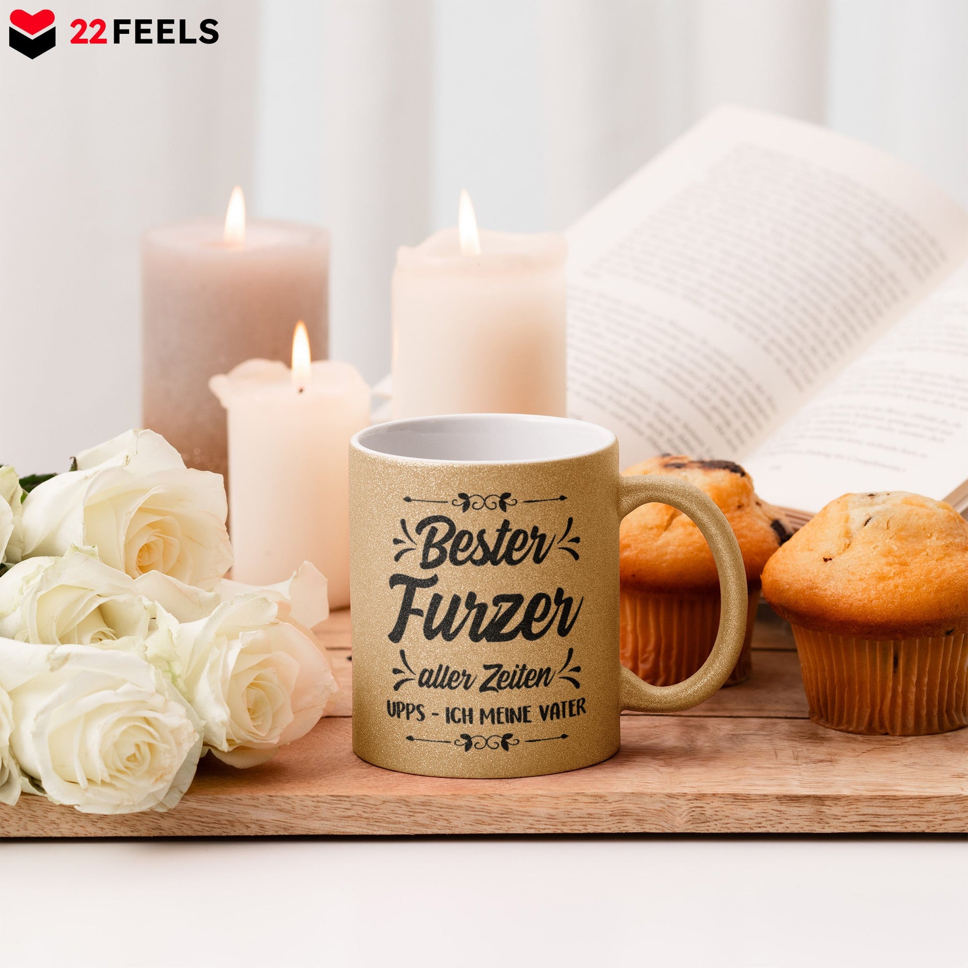 Papa Geschenk Vatertag, Vater Glitzertasse Gold Geburtstag, von Tochter und Sohn, Weihnachten Geschenke Männer, Kaffeetasse Tee Haferl-Glitzertasse Gold 320ml-22Feels