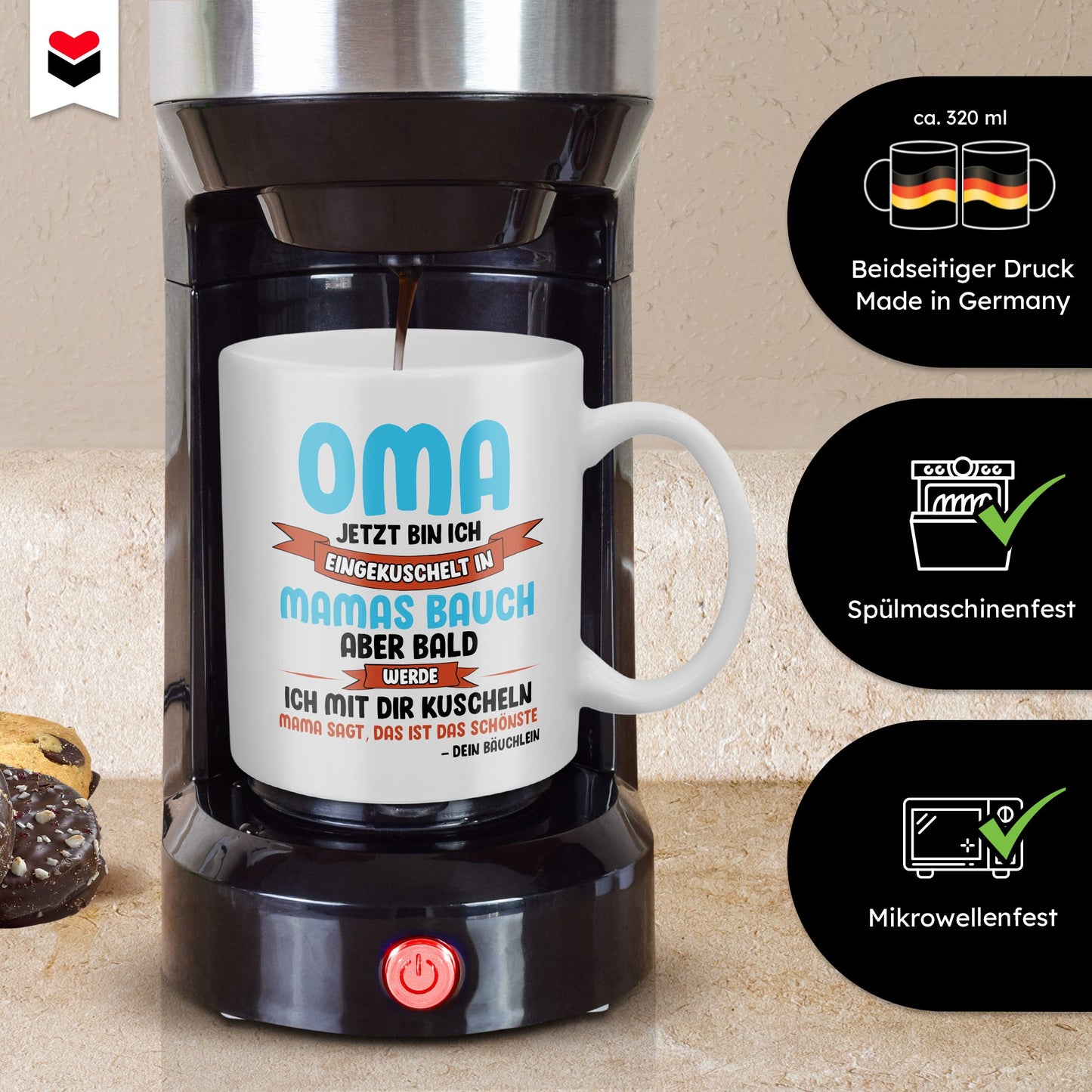 22Feels® Geschenk für werdende Grossmütter - Du Wirst Oma Tasse mit Spruch: Jetzt bin ich eingekuschelt (Weiss, 320ml)-Weisse Tasse 320ml-22Feels