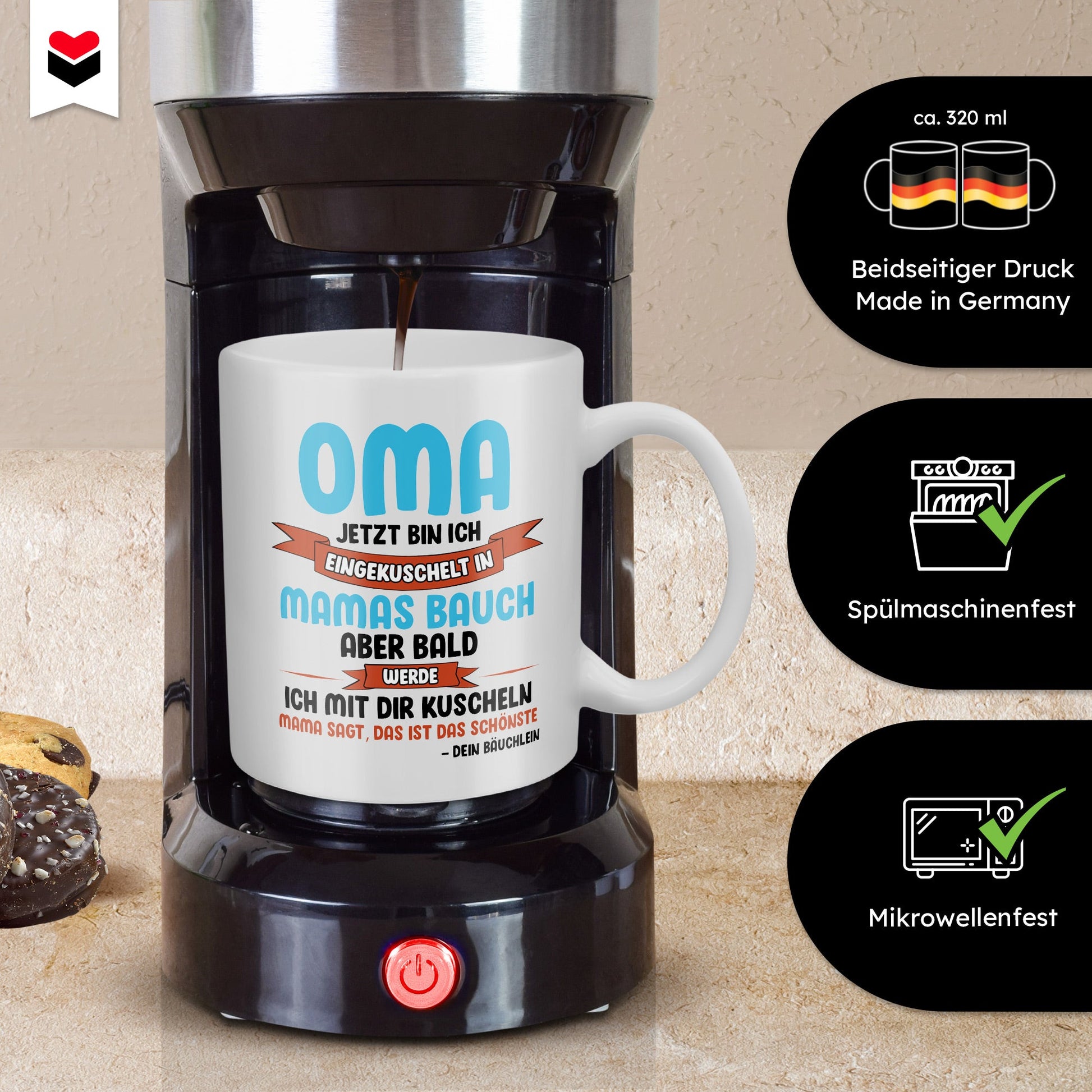 22Feels® Geschenk für werdende Grossmütter - Du Wirst Oma Tasse mit Spruch: Jetzt bin ich eingekuschelt (Weiss, 320ml)-Weisse Tasse 320ml-22Feels