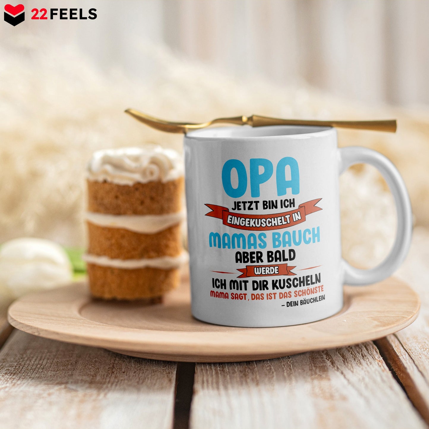 22Feels® Geschenk für werdende Grossväter - Du Wirst Opa Tasse mit Spruch: Jetzt Bin Ich Eingekuschelt (Weiss, 320ml)-Weisse Tasse 320ml-22Feels