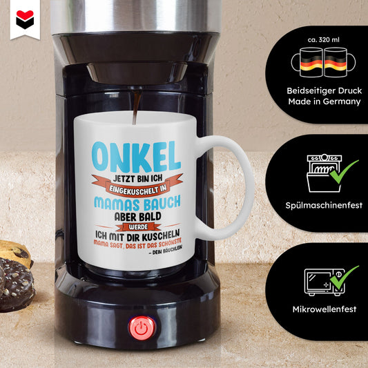 22Feels® Geschenk für werdende Onkel - Du Wirst Onkel Tasse mit Spruch: Jetzt Bin Ich Eingekuschelt (Weiss, 320ml)-Weisse Tasse 320ml-22Feels