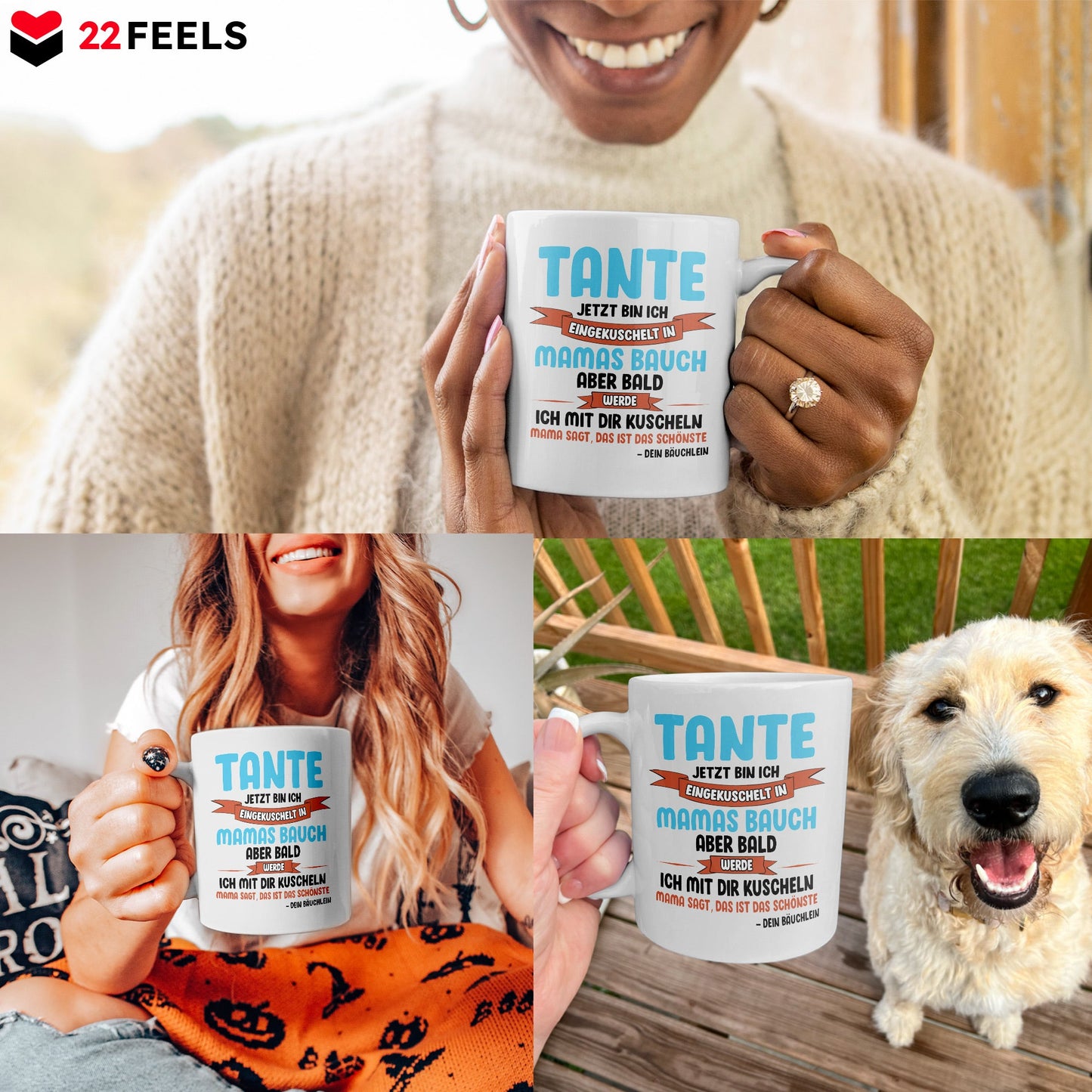 22Feels® Geschenk für werdende Tanten - Du Wirst Tante Tasse mit Spruch: Jetzt Bin Ich Eingekuschelt (Weiss, 320ml)-Weisse Tasse 320ml-22Feels