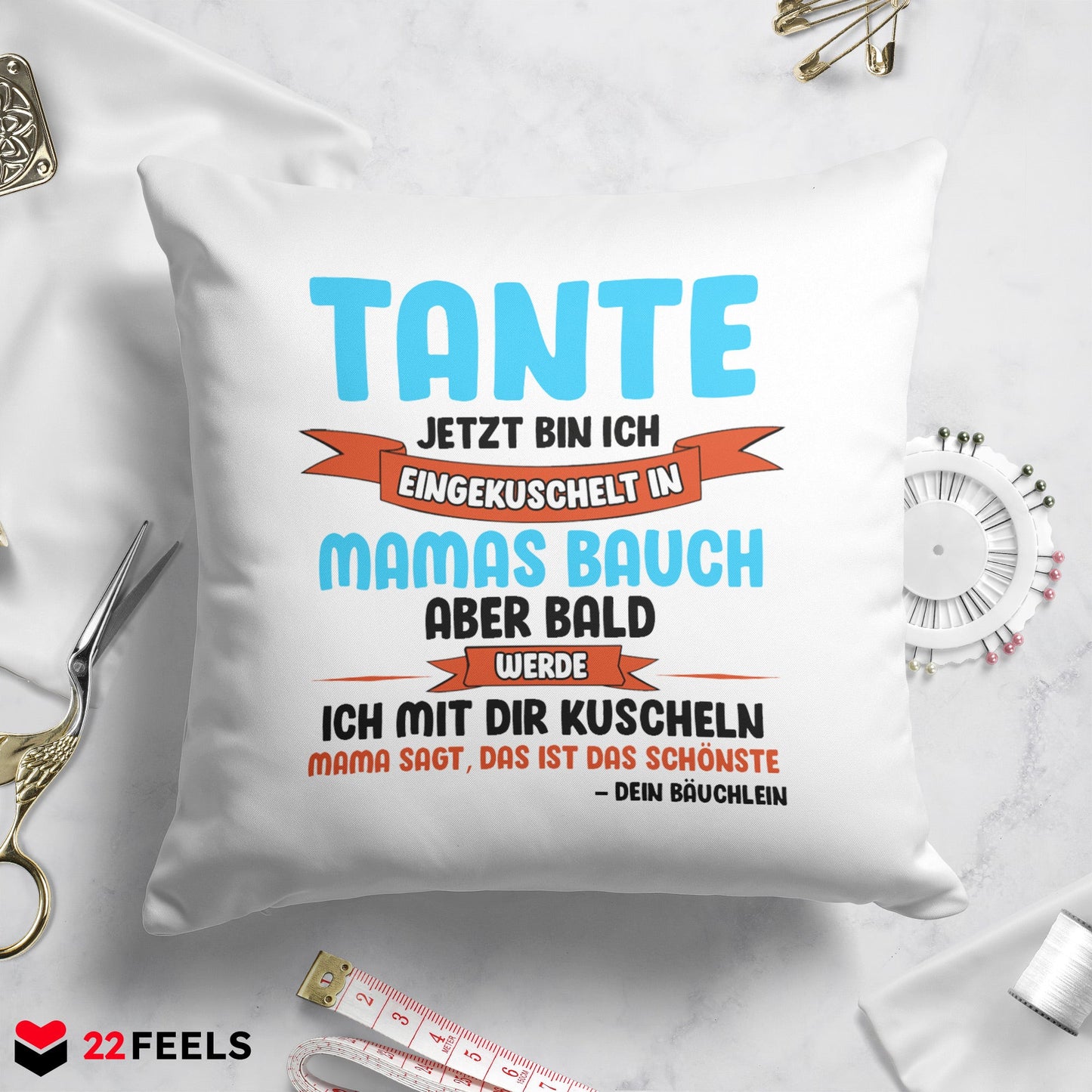 22Feels® Du Wirst Tante Frauen Schwangerschaft Geschenk - Kissen mit Spruch (Weiss 40x40cm)-Kissen Weiss 40x40-22Feels