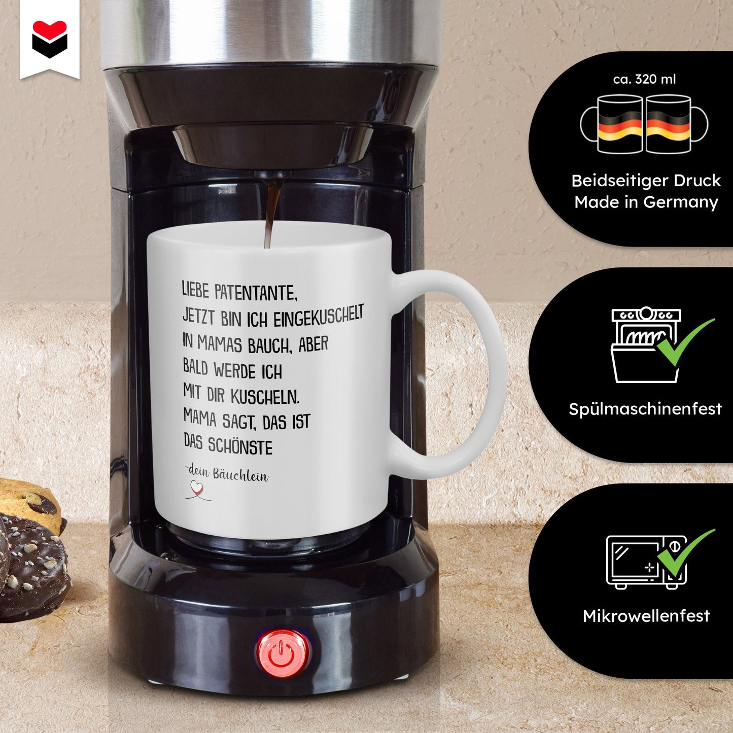 22Feels® Geschenk für werdende Patentanten - Du Wirst Tasse mit Spruch: Jetzt bin ich eingekuschelt (Weiss, 320ml)-Weisse Tasse 320ml-22Feels