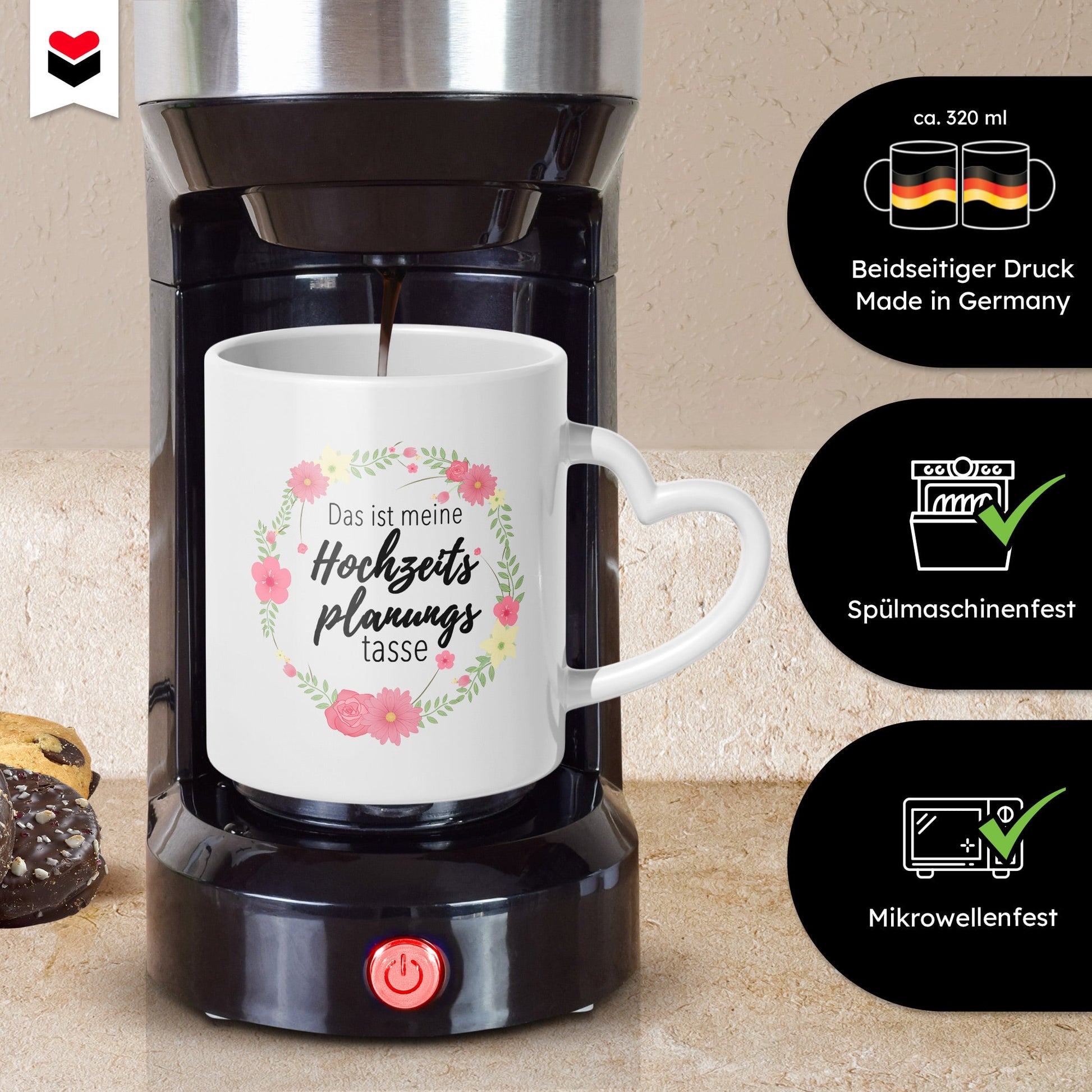 22Feels® Geschenk zur Verlobung - Tasse mit Spruch: Hochzeitsplanungstasse (Herzhenkel, Weiss, 320ml)-Tasse Weiss Herzhenkel 320ml-22Feels