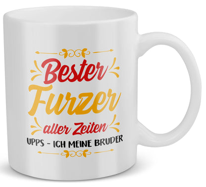 22Feels® Bruder Geschenk - Tasse mit Spruch: Bester Furzer Aller Zeiten (Weiss, 320ml)-Weisse Tasse 320ml-22Feels
