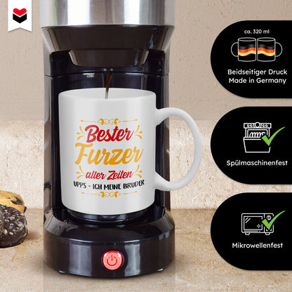 22Feels® Bruder Geschenk - Tasse mit Spruch: Bester Furzer Aller Zeiten (Weiss, 320ml)-Weisse Tasse 320ml-22Feels