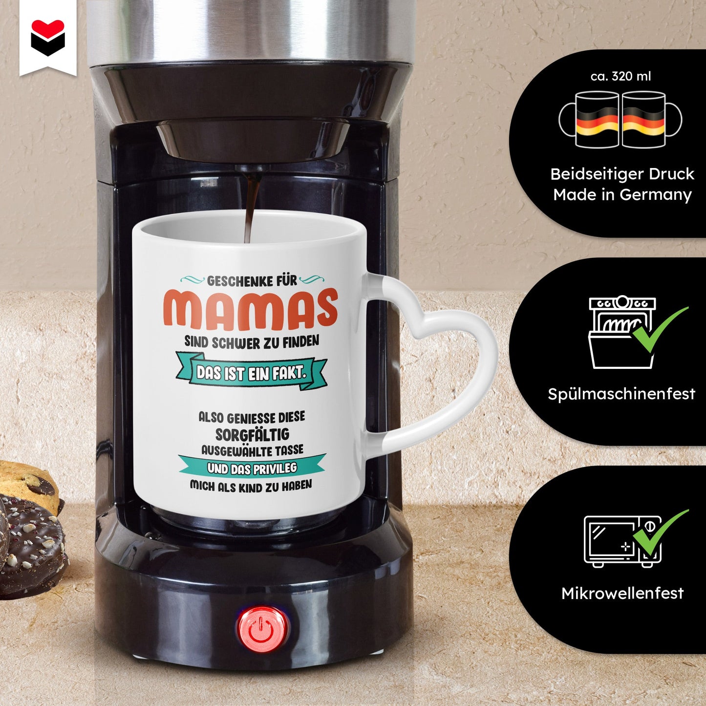 22Feels® Geschenk für Mamas - Tasse mit Spruch: Schwer zu finden (Herzhenkel, Weiss, 320ml)-Tasse Weiss Herzhenkel 320ml-22Feels