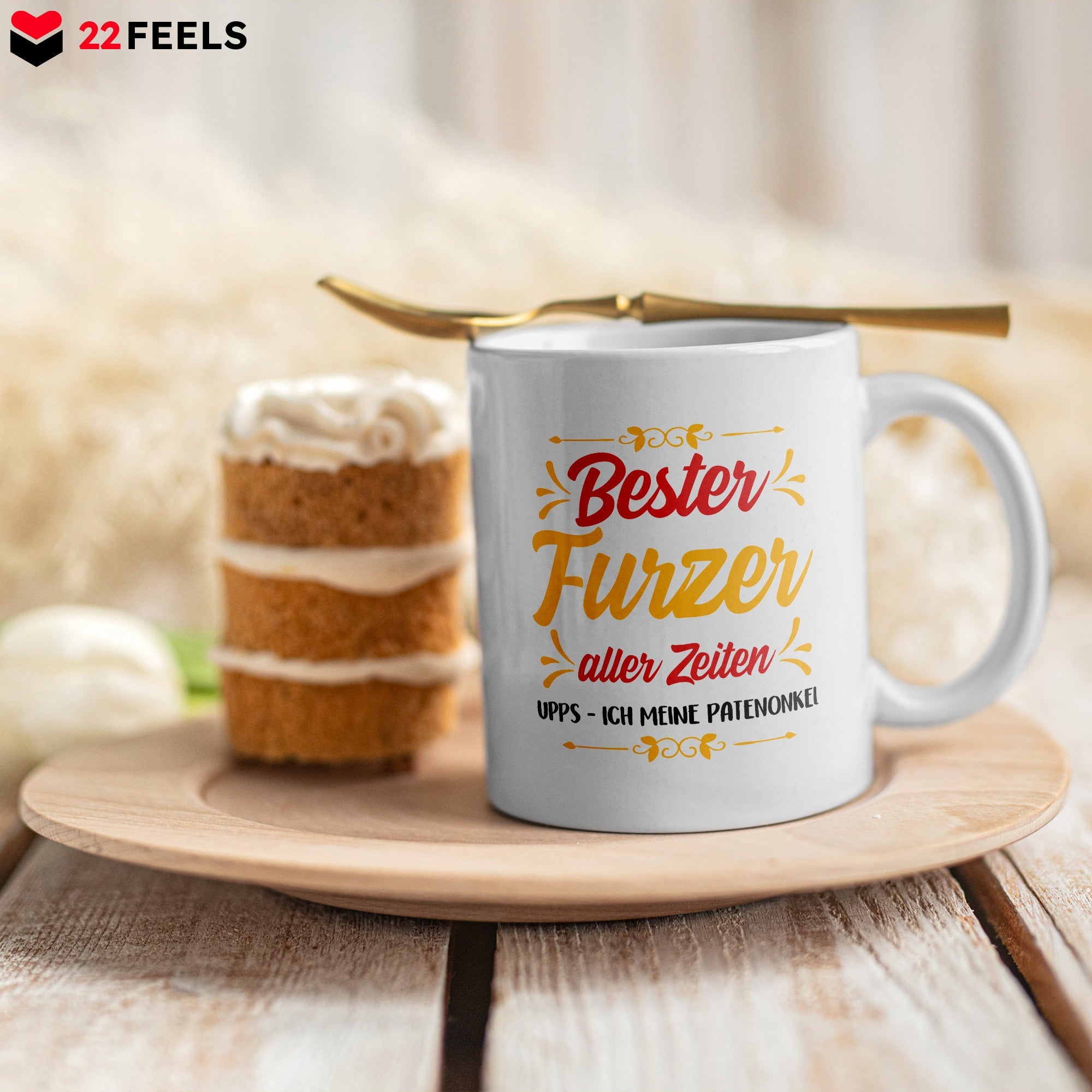 22Feels® Patenonkel Geschenk - Tasse mit Spruch: Bester Furzer Aller Zeiten (Weiss, 320ml)-Weisse Tasse 320ml-22Feels