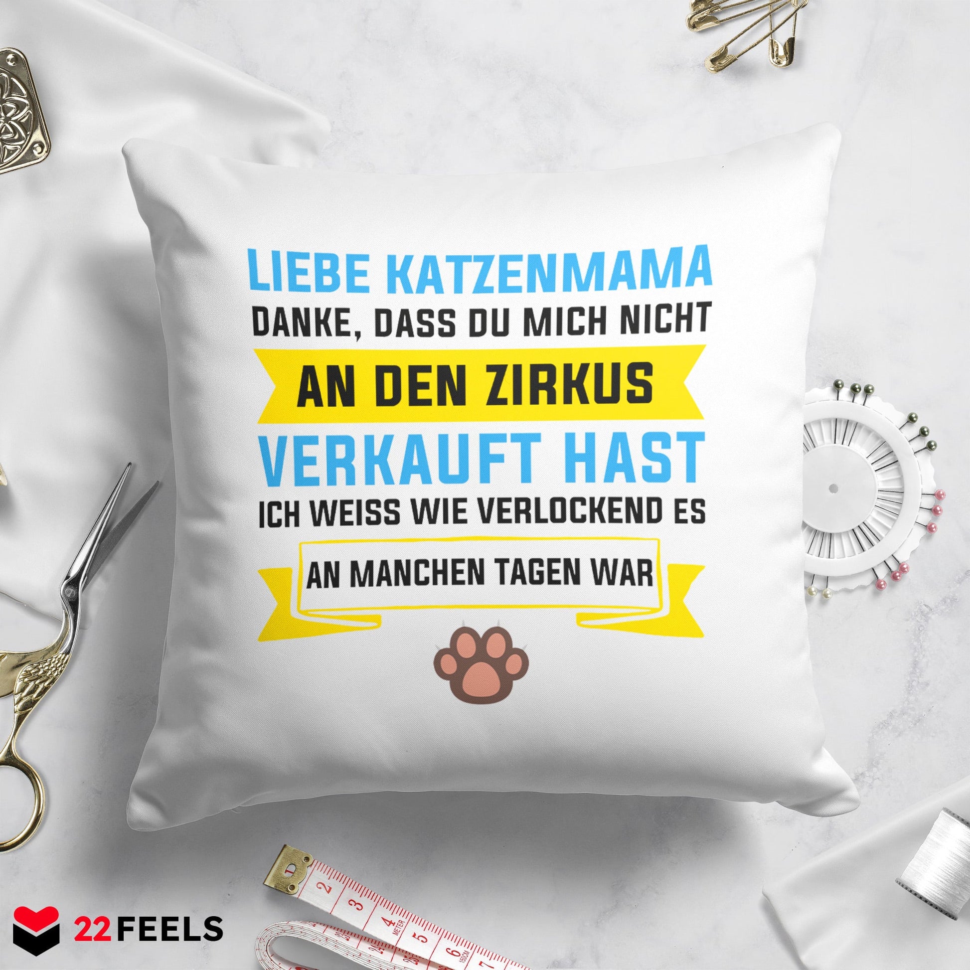 22Feels® Katzenmama Geschenk für Cat Moms und Katzen-Frauchen - Kissen mit Spruch (Weiss 40x40cm)-Kissen Weiss 40x40-22Feels