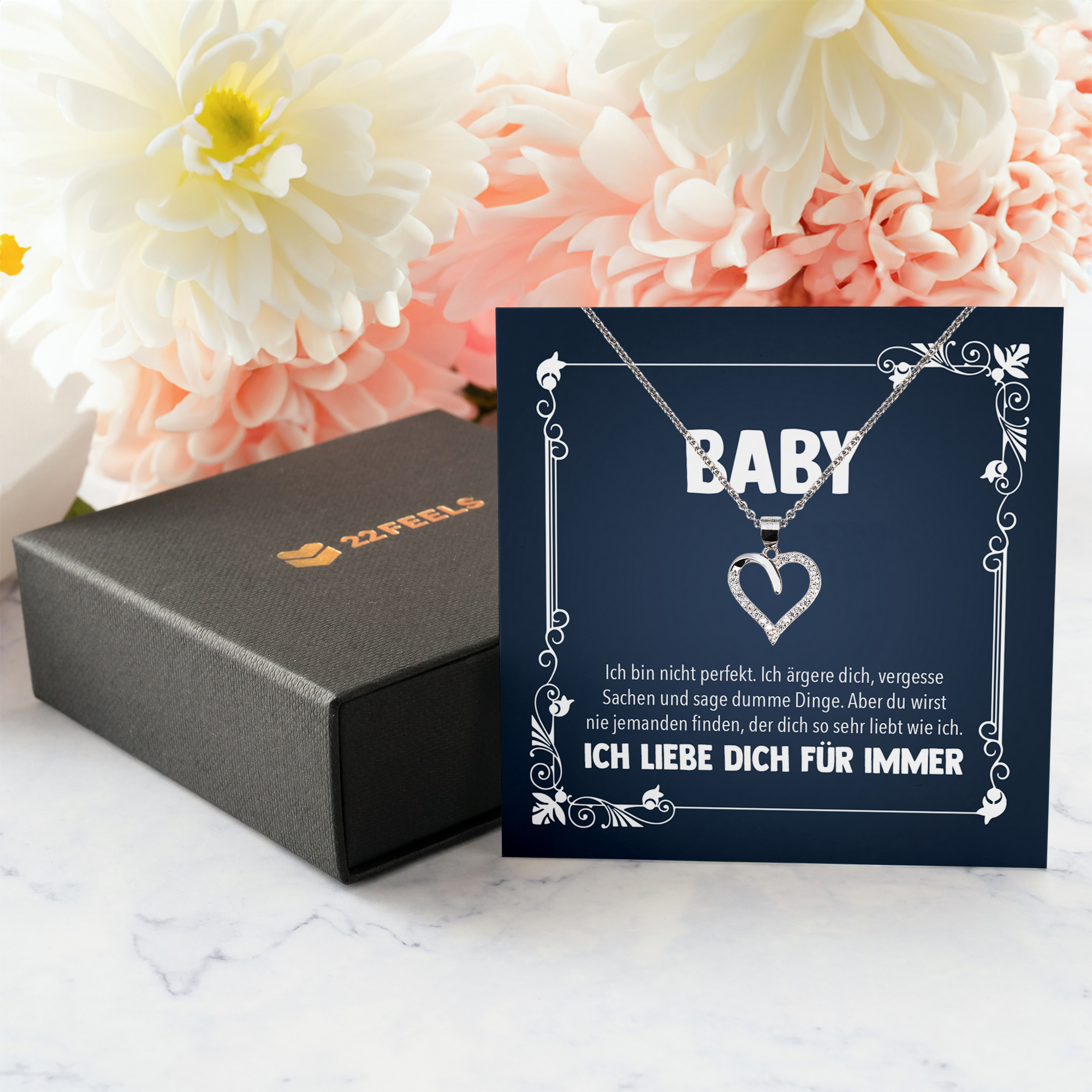 22Feels® Romantisches Geschenk für Frauen zum Jahrestag, Valentinstag, Hochzeitstag und co. - Echt Silber 925/000 Schmuckset: Herz Halskette mit Botschaftskarte-Schmuck mit Botschaftskarte - Herz21-22Feels