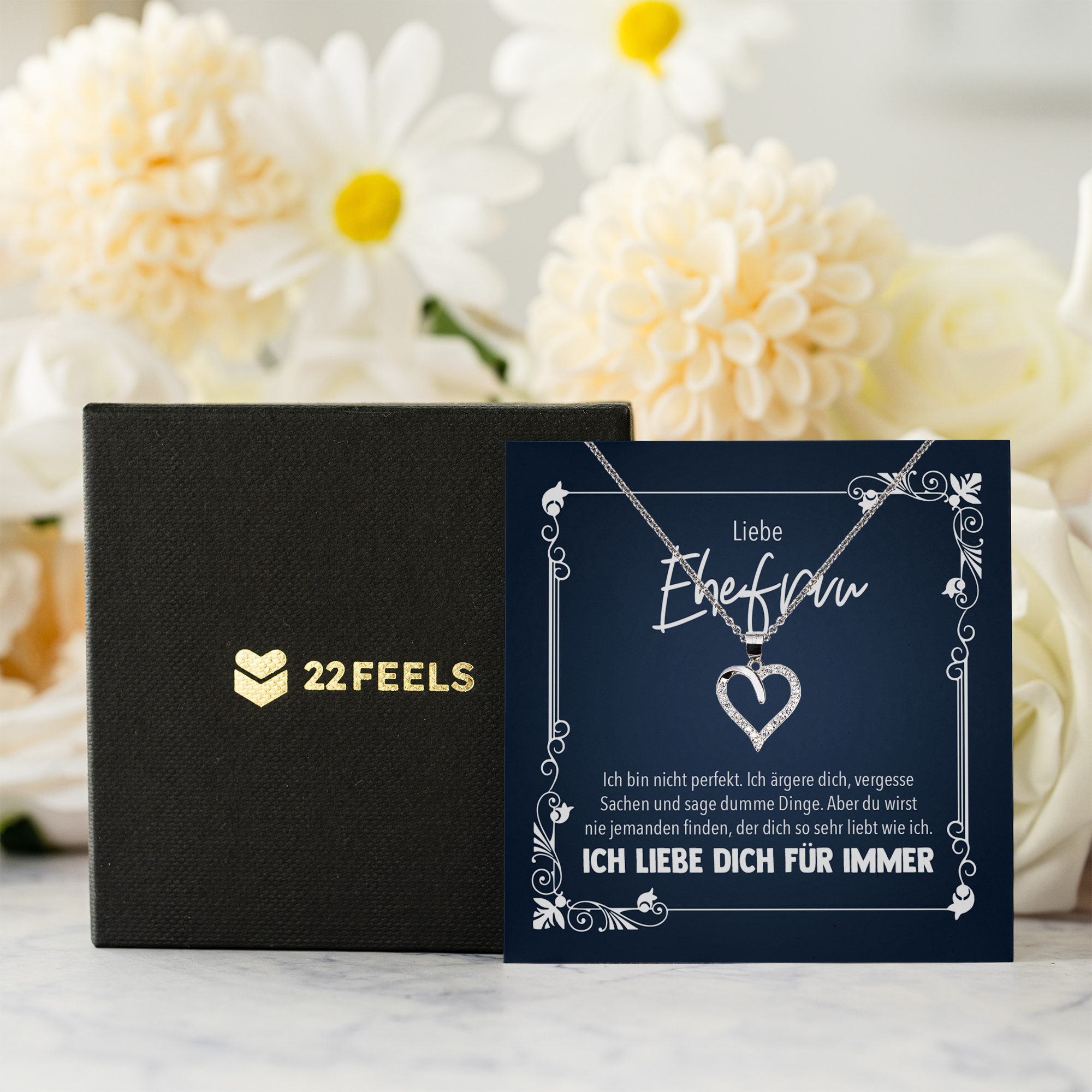 22Feels® Ehefrau Geschenk zum Hochzeitstag, Valentinstag, Geburtstag etc. - Echt Silber 925/000 Schmuckset: Herz Halskette mit Botschaftskarte-Schmuck mit Botschaftskarte - Herz21-22Feels