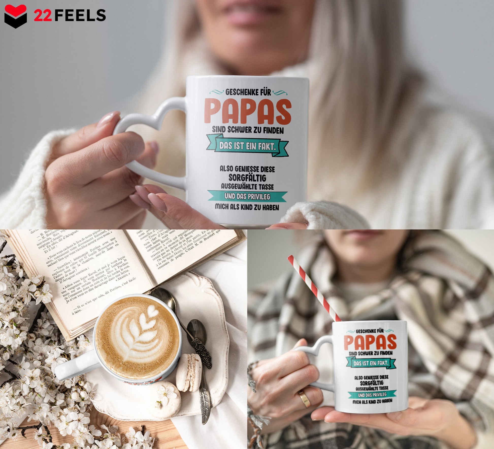22Feels® Geschenk für Papas - Tasse mit Spruch: Schwer zu finden (Herzhenkel, Weiss, 320ml)-Tasse Weiss Herzhenkel 320ml-22Feels