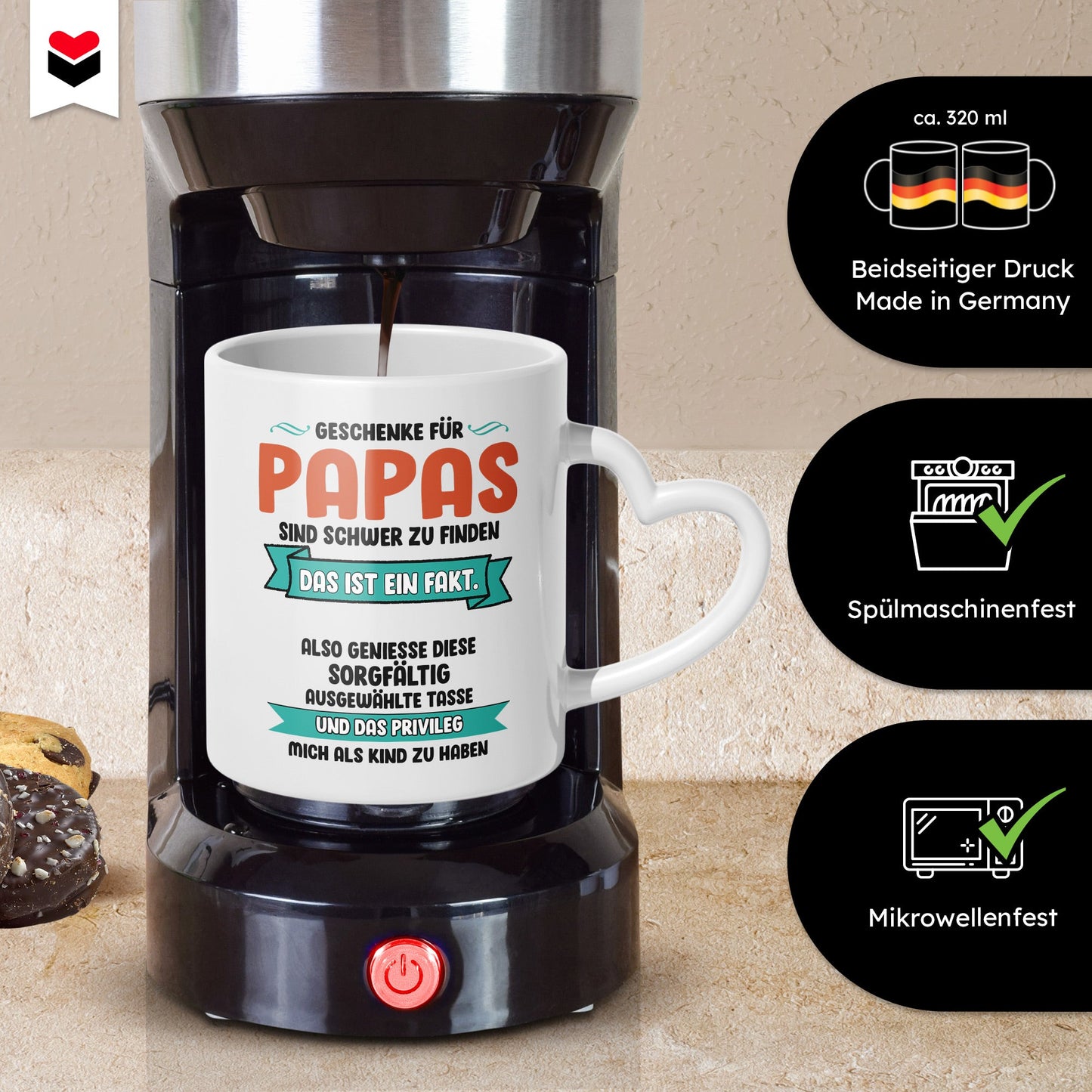 22Feels® Geschenk für Papas - Tasse mit Spruch: Schwer zu finden (Herzhenkel, Weiss, 320ml)-Tasse Weiss Herzhenkel 320ml-22Feels