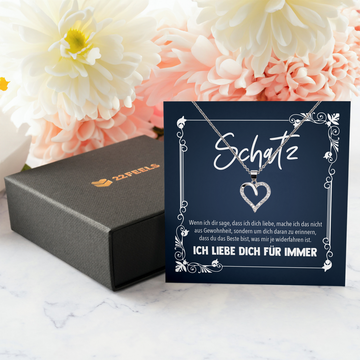 22Feels® Romantisches Geschenk für Frauen zum Hochzeistag, Jahrestag, Valentinstag und co. - Echt Silber 925/000 Schmuckset: Herz Halskette mit Botschaftskarte-Schmuck mit Botschaftskarte - Herz21-22Feels