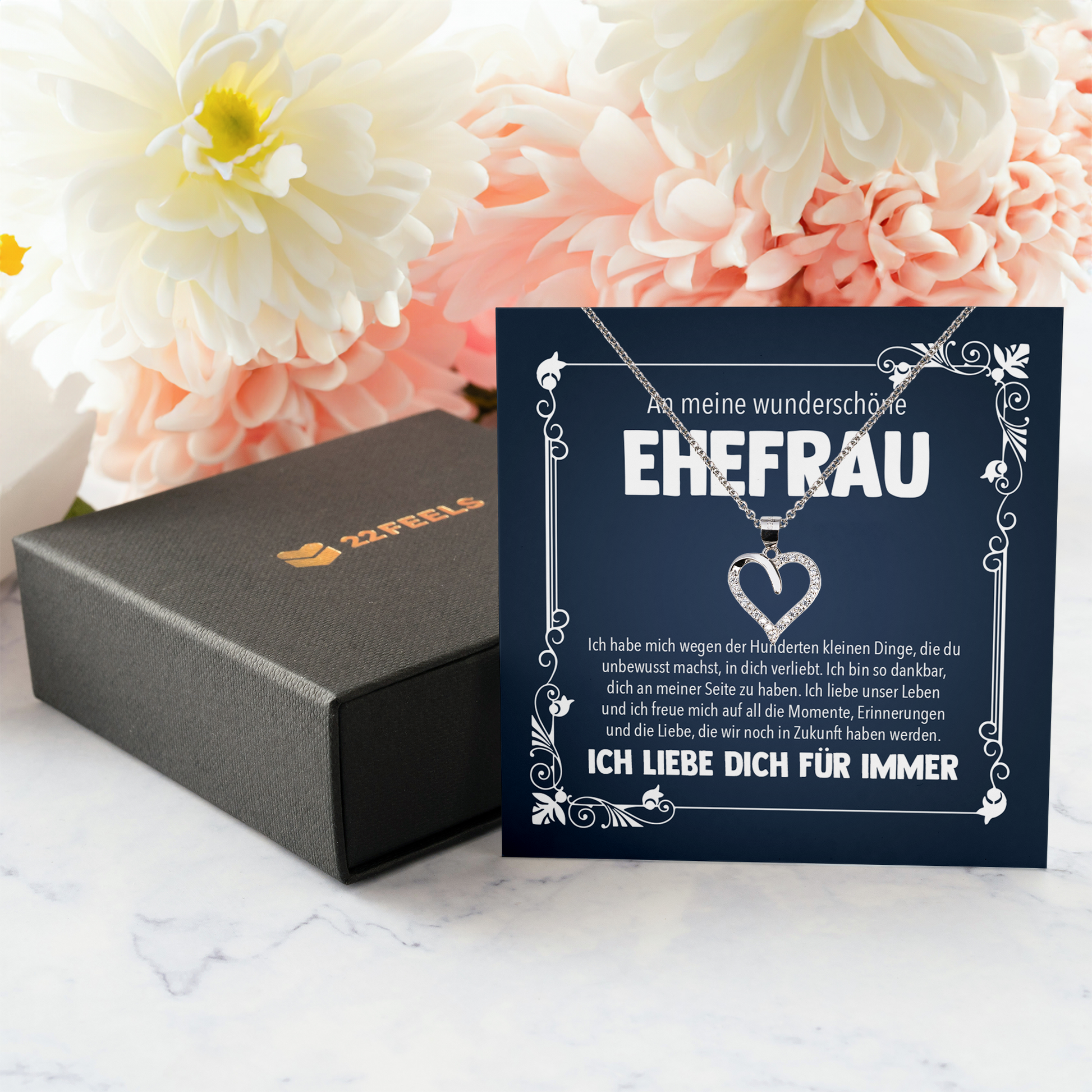22Feels® Ehefrau Geschenk zum Hochzeitstag, Valentinstag, Geburtstag etc. - Echt Silber 925/000 Schmuckset: Herz Halskette mit Botschaftskarte-Schmuck mit Botschaftskarte - Herz21-22Feels
