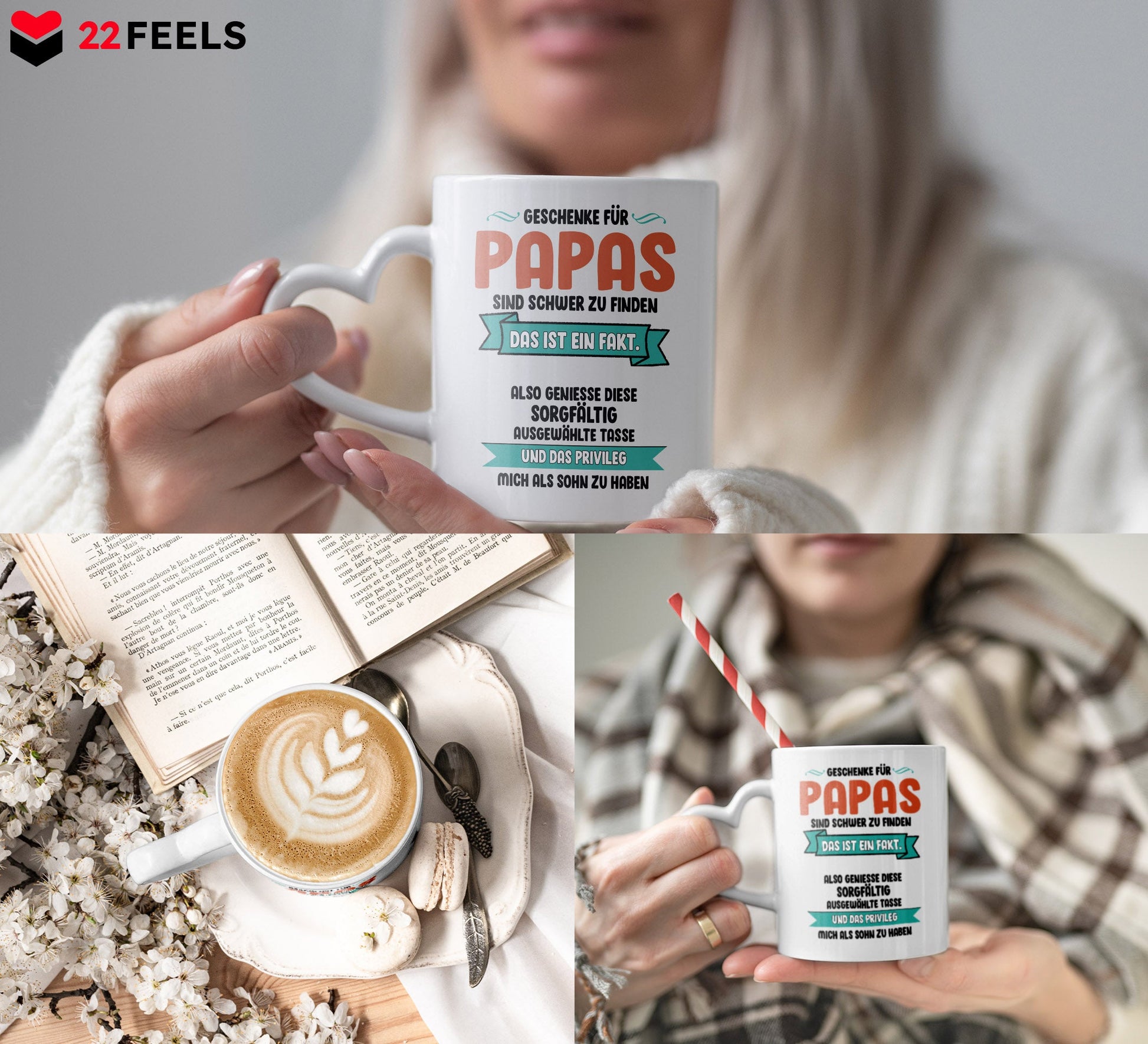 22Feels® Geschenk für Papas - Tasse mit Spruch (Herzhenkel, Weiss, 320ml)-Tasse Weiss Herzhenkel 320ml-22Feels