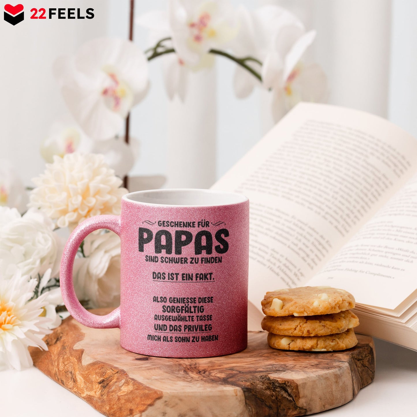 22Feels® Papa Geschenk - Glitzertasse mit Spruch (Pink, 320ml)-Glitzertasse Pink 320ml-22Feels